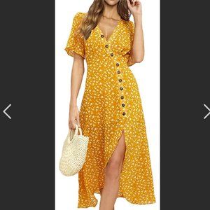 Lulus Yellow Print Asymmetrical Button Down Flare Midi Dress, medium